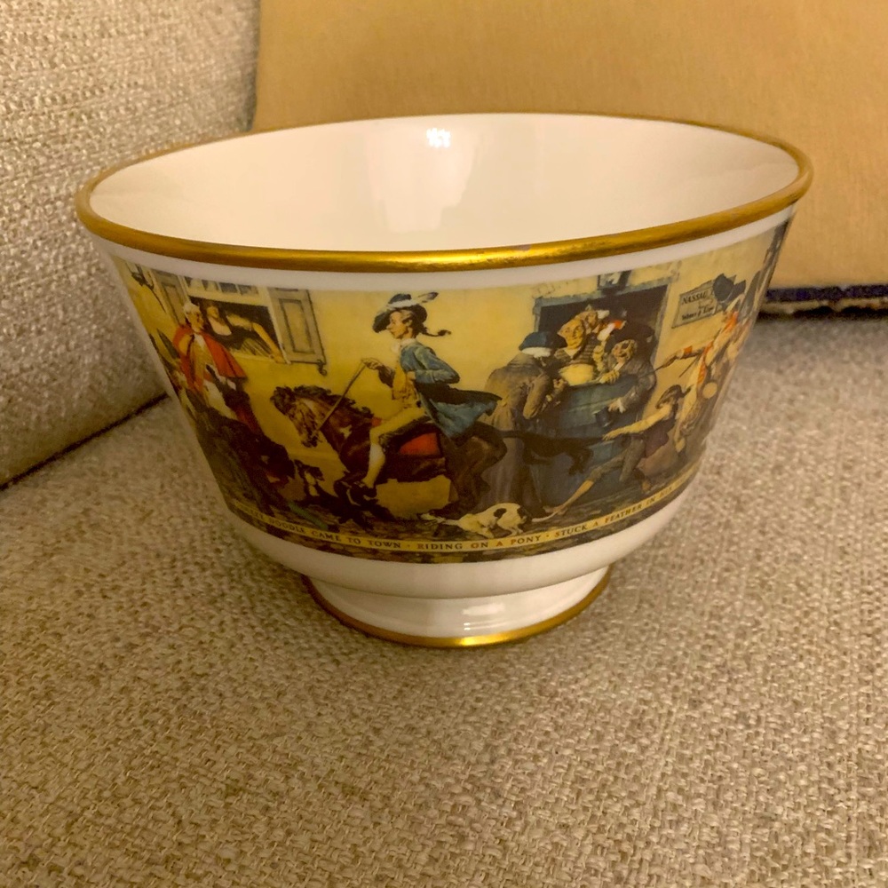 Gorham fruit bowl depicting Norman Rockwell art.